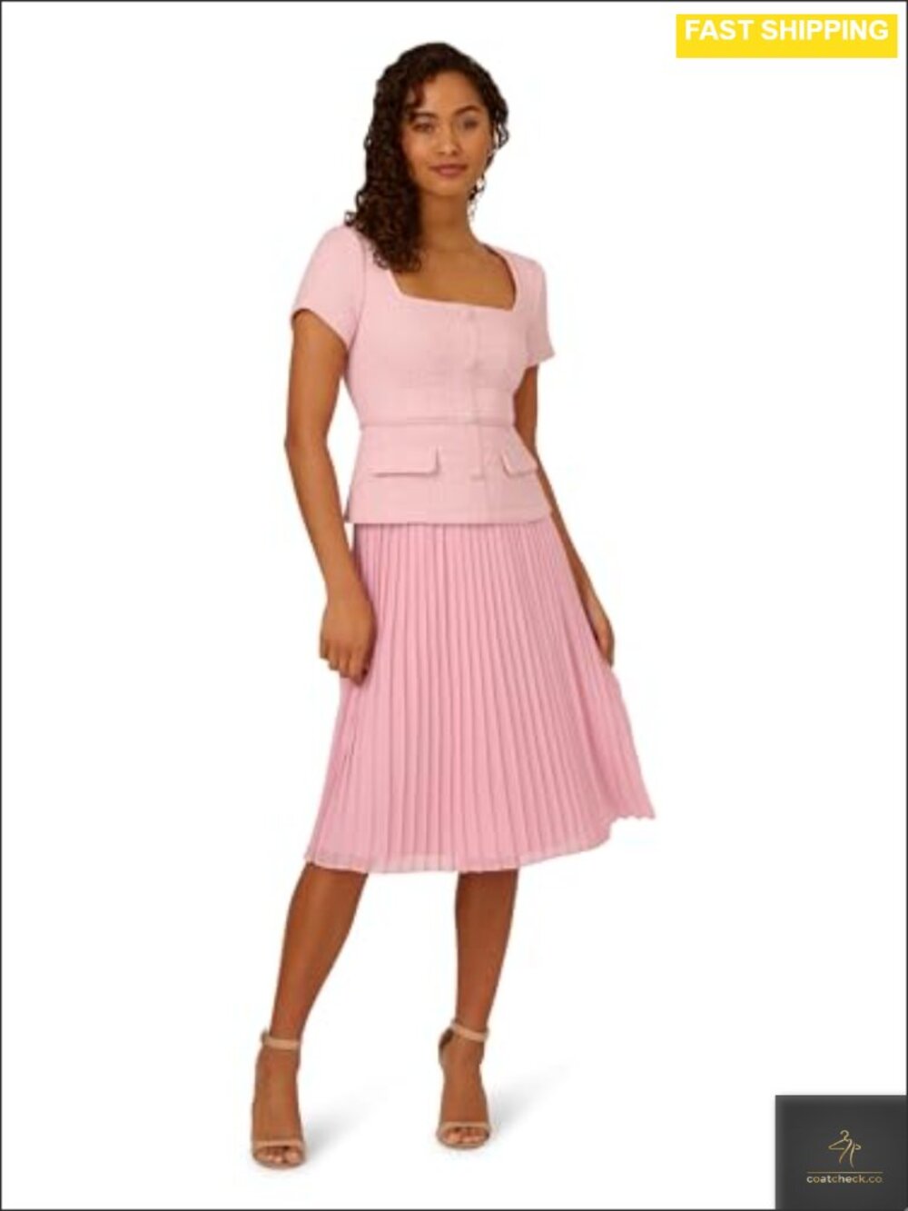 Boucle Combo Midi Dress Peplum Square Neck Short Sleeve Cocktail Party